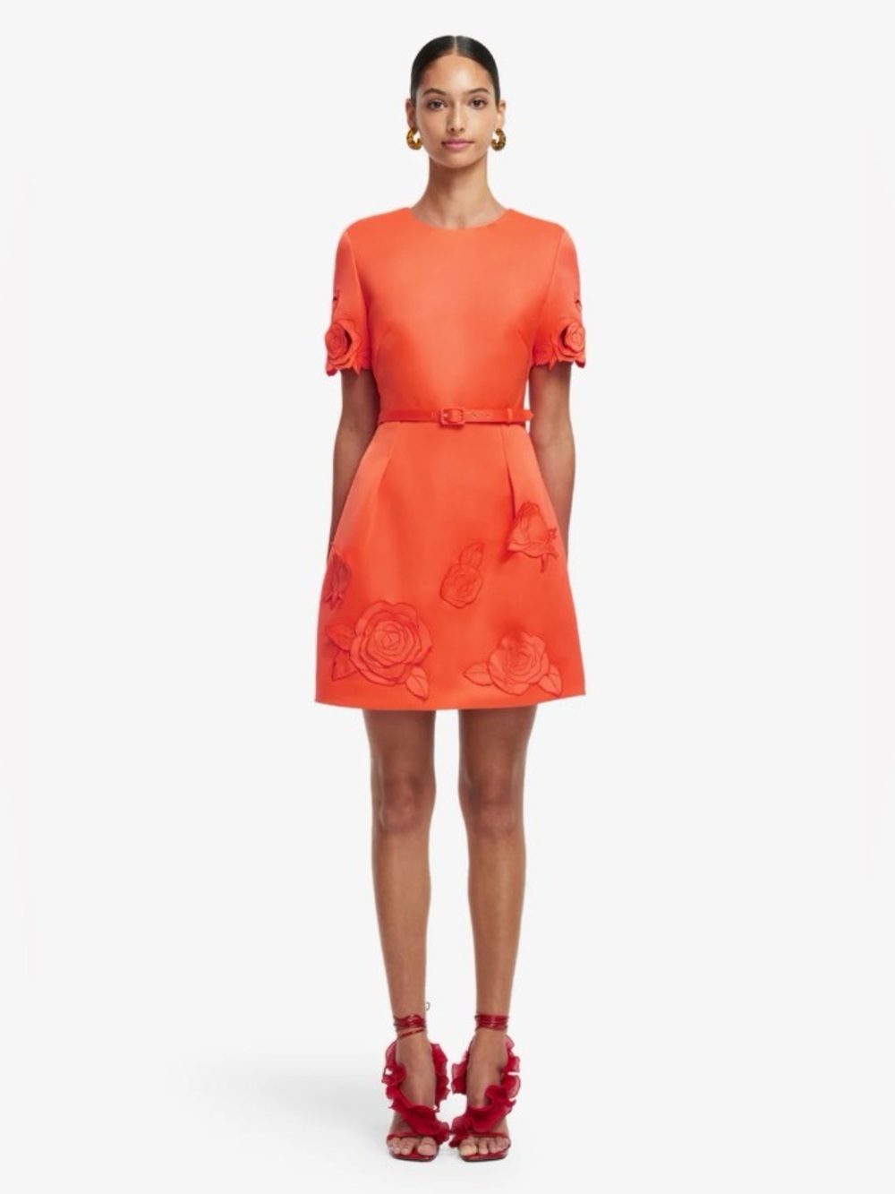 LEO LIN AURELIE Coral Flower Appliquue Belted Mini Dress AU8/US4 NWOT